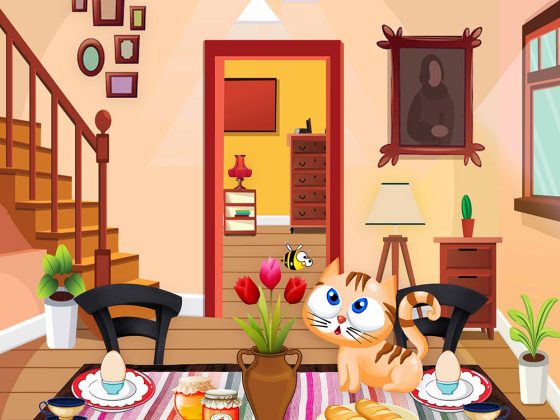 children’s illustration cat on breakfast table
