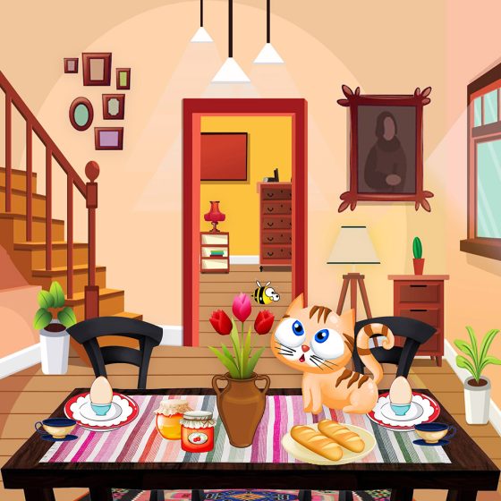 children’s illustration cat on breakfast table