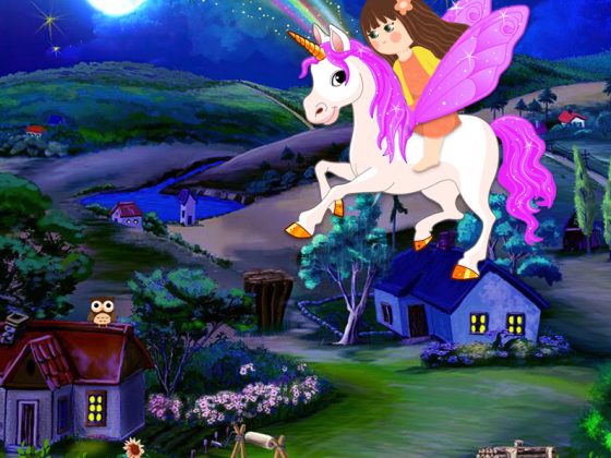 childrens illustration unicorn and girl flying
