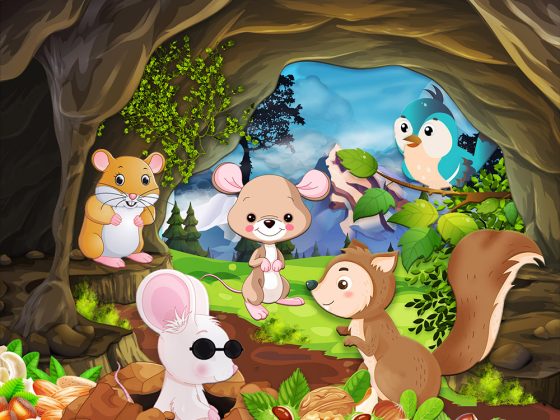 children's illustration animal in cave with their supplies