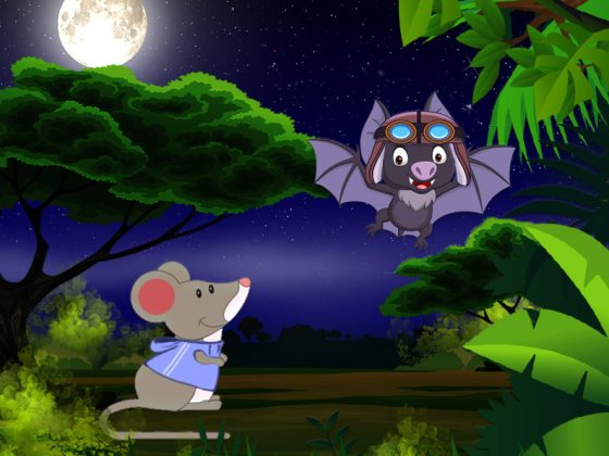 children’s illustration mouse and bat at night