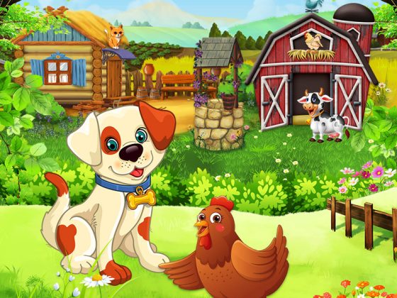children’s illustration farm animal dog and hen