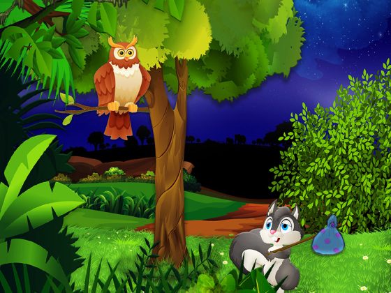 children’s illustration squirrel talks with owl