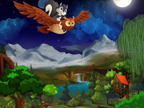 children’s illustration squirrel flying with owl at night
