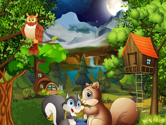 children’s illustration squirrel and his mother at night outside the house