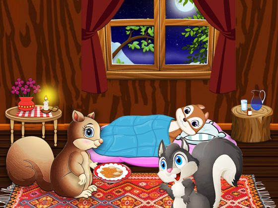 children’s illustration squirrel and his family in the house