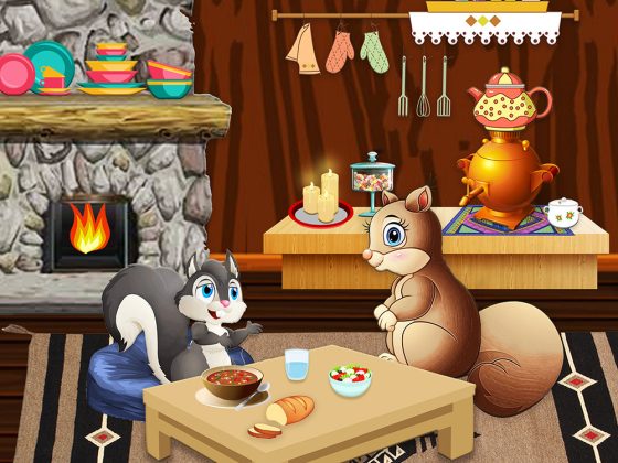 children’s illustration squirrel in kitchen