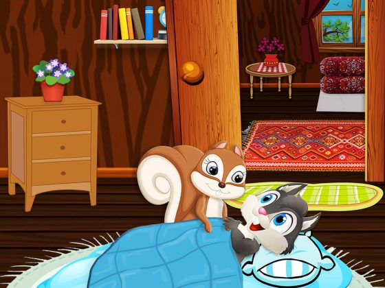 children’s illustration squirrel and his sister in their house