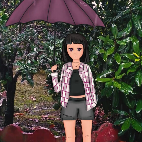 دختر کارتونی در باران با چتر