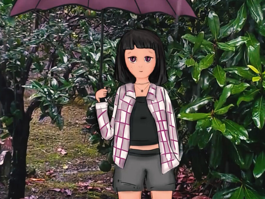 دختر کارتونی در باران با چتر
