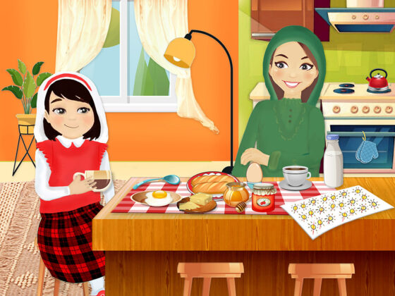 little girl and her mother are eating breakfast