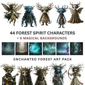 Forest Spirit Characters + Magical Backgrounds , Dark Fantasy Woodland Creatures Bundle , Enchanted , Mythical Forest Art Pack