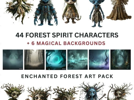 Forest Spirit Characters + Magical Backgrounds , Dark Fantasy Woodland Creatures Bundle , Enchanted , Mythical Forest Art Pack